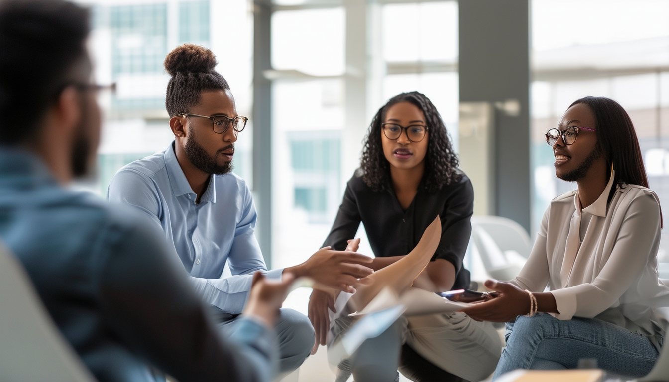 A diverse group of engaged employees discussing th